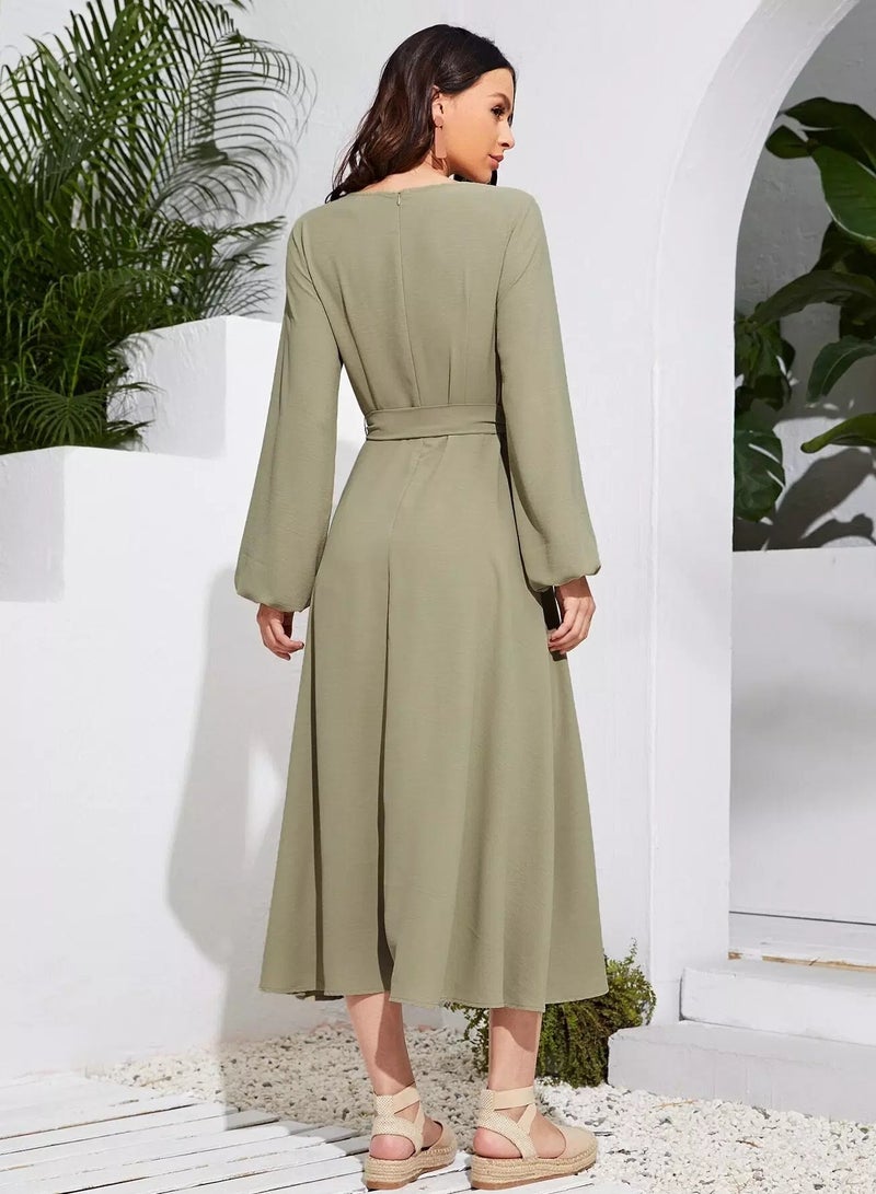 Lantern Sleeve Contrast Tape Detail Belted Dress  - Image 2