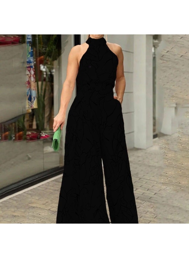 European And American Women's Clothing, New Spring Style, Elegant Printed Waist-cinching Sleeveless Halter Neck Wide-leg Jumpsuit