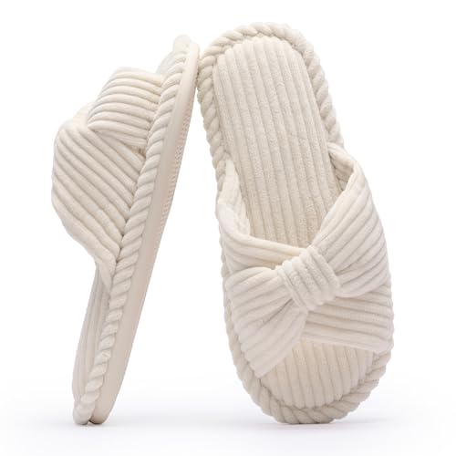 Chantomoo Slippers for Women Memory Foam House Womens Slipper Slides Home Bedroom Bathroom Spa Open Toe Corduroy Bow Slippers Cozy Comfortable Beige White Size 7 7.5 8 8.5 - Image 1