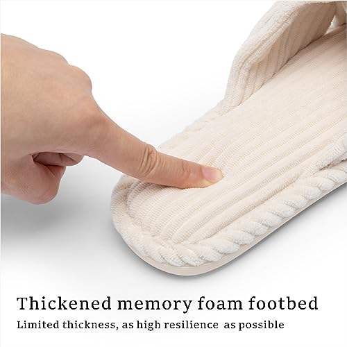 Chantomoo Slippers for Women Memory Foam House Womens Slipper Slides Home Bedroom Bathroom Spa Open Toe Corduroy Bow Slippers Cozy Comfortable Beige White Size 7 7.5 8 8.5 - Image 2