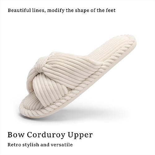 Chantomoo Slippers for Women Memory Foam House Womens Slipper Slides Home Bedroom Bathroom Spa Open Toe Corduroy Bow Slippers Cozy Comfortable Beige White Size 7 7.5 8 8.5 - Image 5