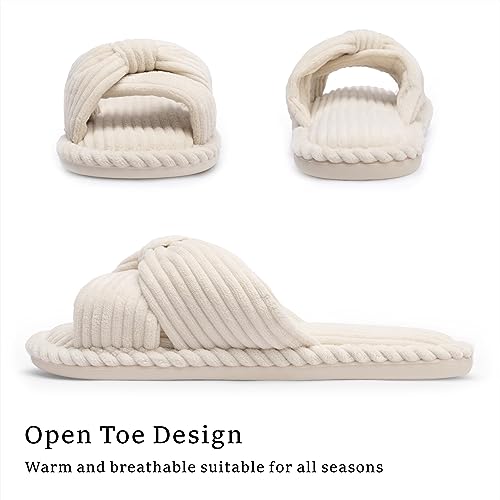 Chantomoo Slippers for Women Memory Foam House Womens Slipper Slides Home Bedroom Bathroom Spa Open Toe Corduroy Bow Slippers Cozy Comfortable Beige White Size 7 7.5 8 8.5 - Image 3
