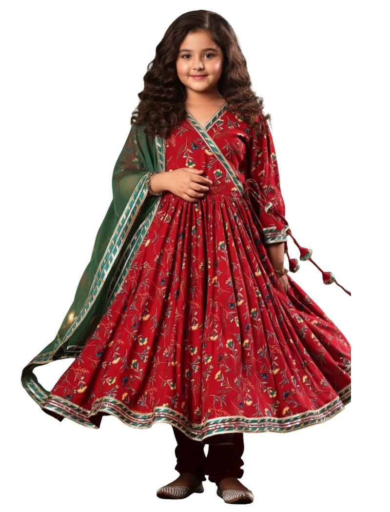Naixa Girl's Red Anarkali Side Tassels work Kurta Set with V Nack 3/4 Sleeves Lace Work and Solid Green Golden Lace Dupatta_11 Years-12 Years - Image 1