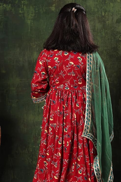 Naixa Girl's Red Anarkali Side Tassels work Kurta Set with V Nack 3/4 Sleeves Lace Work and Solid Green Golden Lace Dupatta_11 Years-12 Years - Image 3