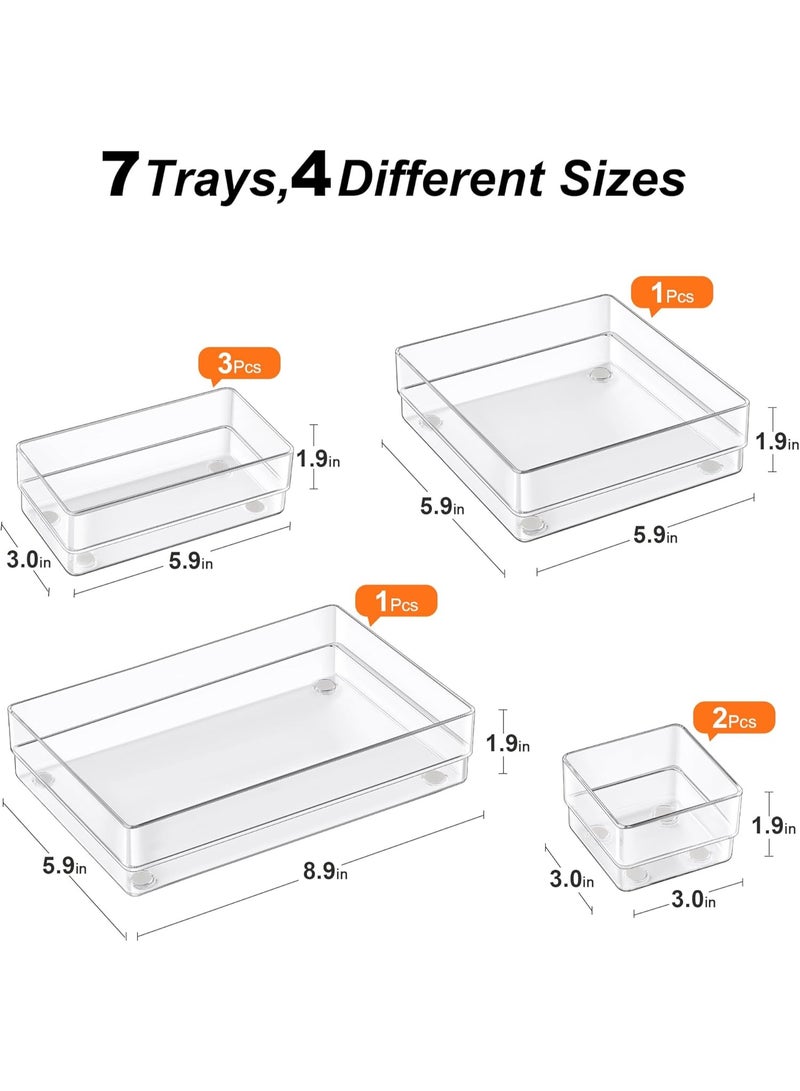 SMARTAKE 7-Piece Drawer Organizer with Non-Slip Silicone Pads, 4-Size Desk Drawer Organizer Trays Storage Tray for Makeup, Jewelries, Utensils in Bedroom Dresser, Office and Kitchen (Clear) - Image 1