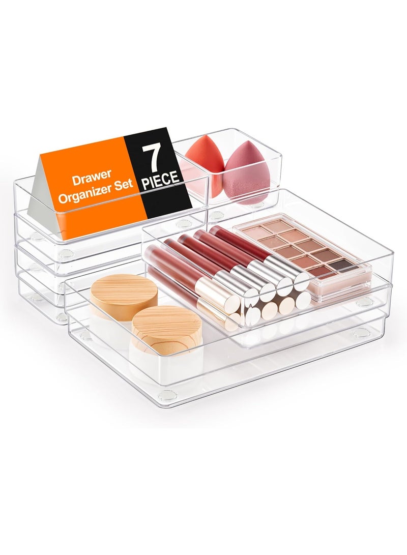 SMARTAKE 7-Piece Drawer Organizer with Non-Slip Silicone Pads, 4-Size Desk Drawer Organizer Trays Storage Tray for Makeup, Jewelries, Utensils in Bedroom Dresser, Office and Kitchen (Clear) - Image 4