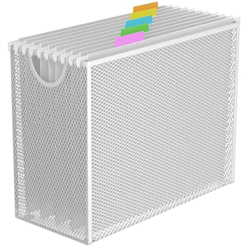 GoldOrcle Hanging File Organizer, Letter-Size File Holder Filing Box with 5 Hanging Folders, Metal Mesh Desk File Folder Storage(No Assembly Required) (White, with 5 Grey Folders) - Image 1