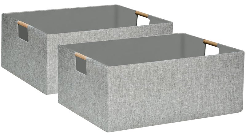 FUULOXE Collapsible Storage Box for Women - Foldable Home Organizer 16.9x12.5x7Inches with Wooden Handles | Closet, Bathroom & Kids Room Storage | Heavy-Duty Linen Fabric 2Pack - Image 1