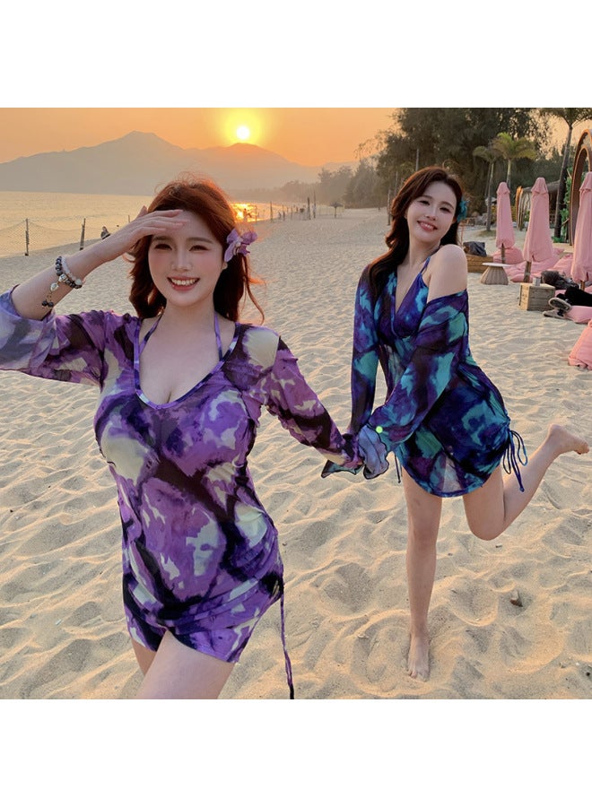 Plus Size Swimsuit Women's Chubby Girl Split Three-piece Set Loose Slim Belly-covered Conservative Hot Spring Swimsuit Cross-border-Color:dizzy Purple-