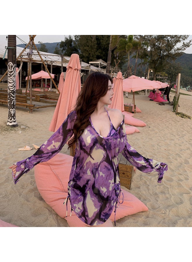 Plus Size Swimsuit Women's Chubby Girl Split Three-piece Set Loose Slim Belly-covered Conservative Hot Spring Swimsuit Cross-border-Color:dizzy Purple-