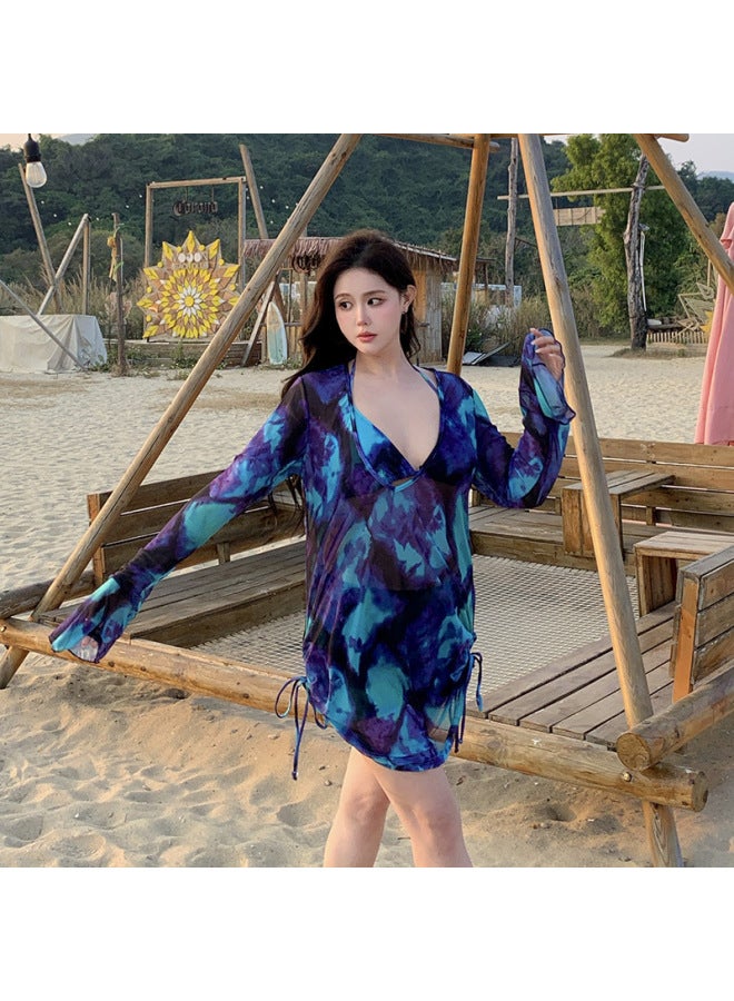 Plus Size Swimsuit Women's Chubby Girl Split Three-piece Set Loose Slim Belly-covered Conservative Hot Spring Swimsuit Cross-border-Color:dizzy Purple-