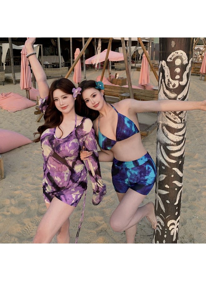 Plus Size Swimsuit Women's Chubby Girl Split Three-piece Set Loose Slim Belly-covered Conservative Hot Spring Swimsuit Cross-border-Color:dizzy Purple-