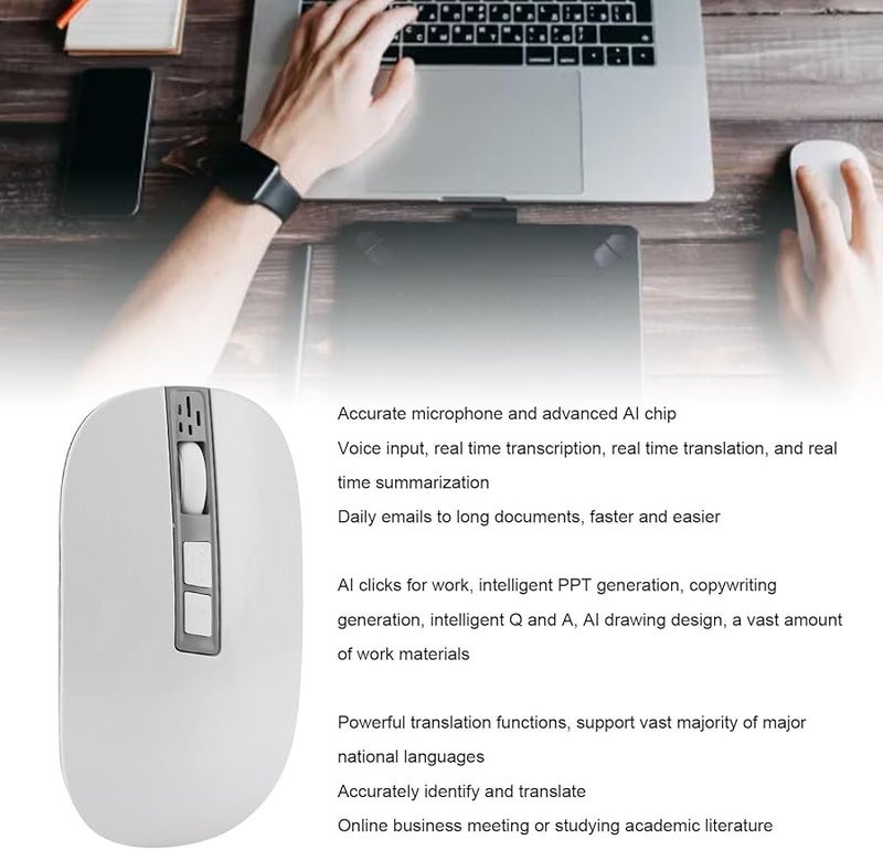 فوكيتي AI ماوس بلوتوث مع النسخ الصوتي والترجمة والتلخيص لـ GPT للكمبيوتر الشخصي والكمبيوتر المحمول باللون الأبيض - Image 2
