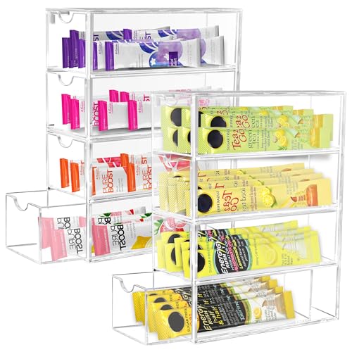 GRETJOB 2 Pack Drink Packet Organizer, Acrylic Drink Mix Holder with 4 Clear Drawers Water Flavor Packets Container for Kitchen Pantry Home Organization (2 Pack) - Image 1