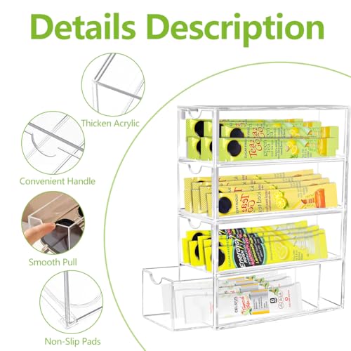 GRETJOB 2 Pack Drink Packet Organizer, Acrylic Drink Mix Holder with 4 Clear Drawers Water Flavor Packets Container for Kitchen Pantry Home Organization (2 Pack) - Image 2