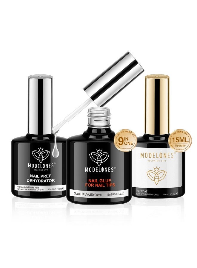 modelones Nail Glue Gel with Top Coat and Nail Prep Dehydrator 3 PCS 15ml 9 in One Nail Glue Gel Nail Kit for Easy Nail Extension, No Wipe Top Coat - Image 1