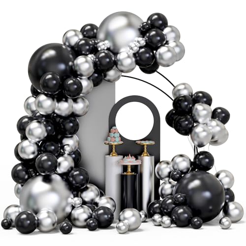 YMSZ Black and Silver Balloons Arch Garland Kit 134pcs Metallic Chrome Silver and Black Balloons with Different Size for Birthday Graduation Baby Shower Disco New Years Party Party Decoration - Image 1