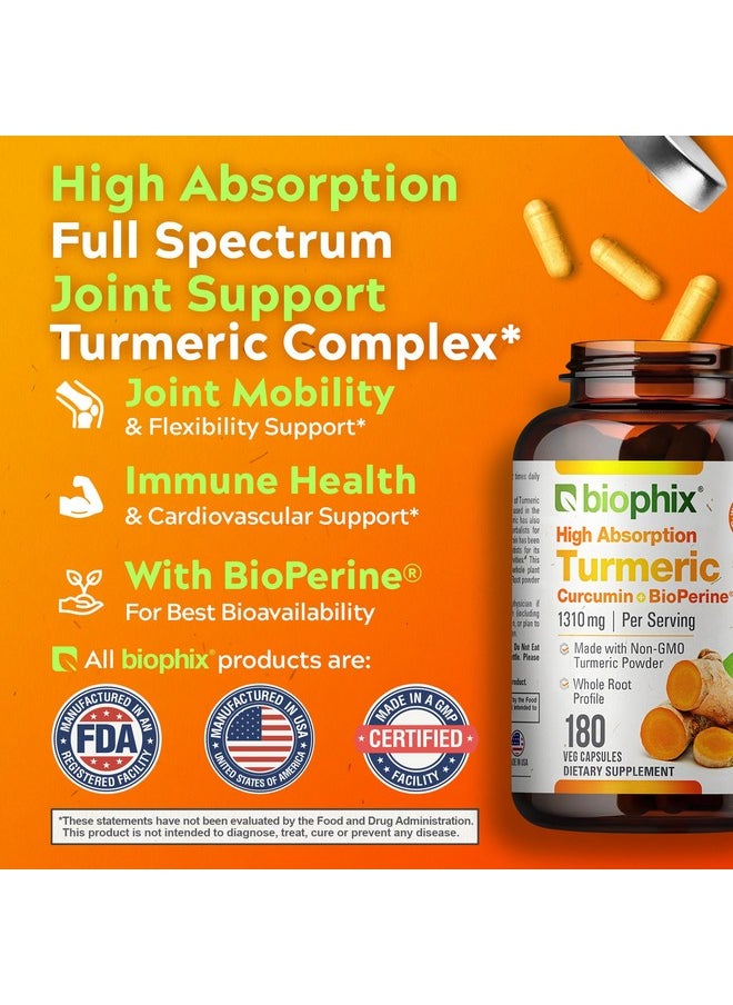 biophix - biophix Organic Turmeric Curcumin 1310 mg 180 Vcaps with BioPerine - Powerful Antioxidant - Supports Immune and Joint Health - Image 1