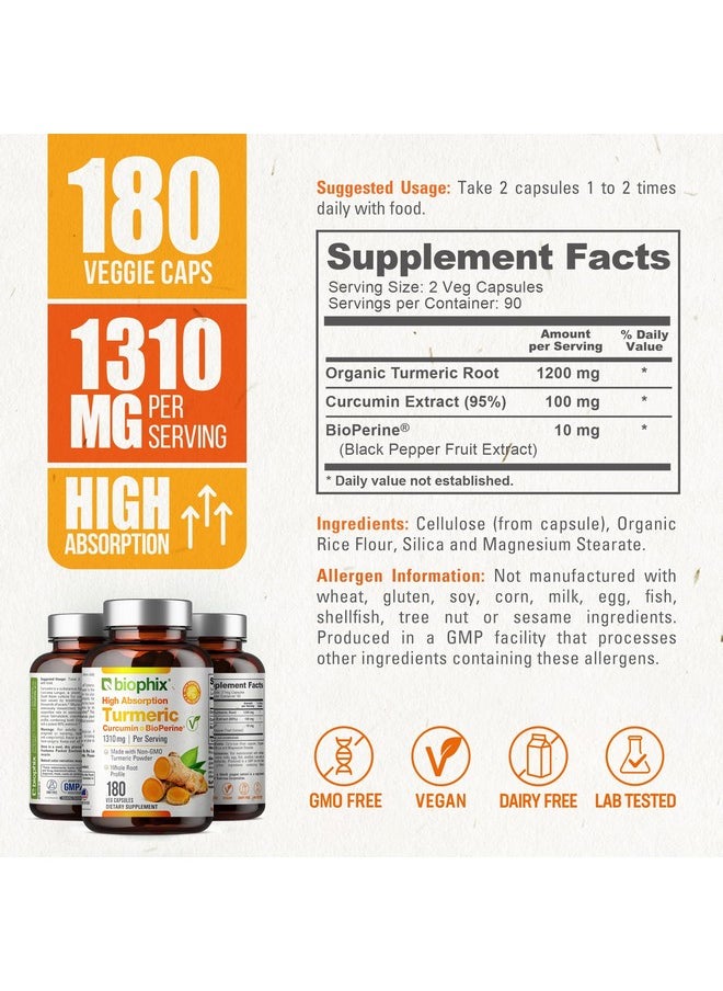 biophix - biophix Organic Turmeric Curcumin 1310 mg 180 Vcaps with BioPerine - Powerful Antioxidant - Supports Immune and Joint Health - Image 1