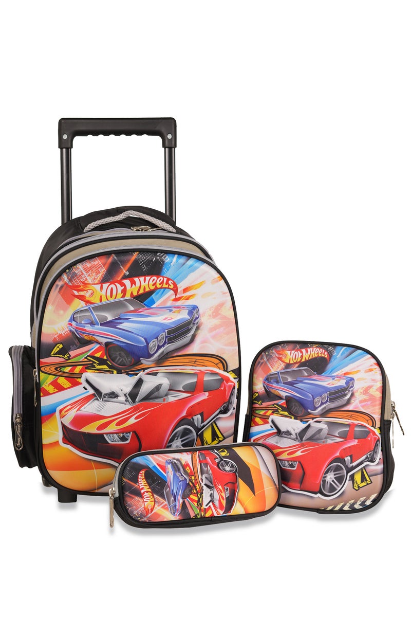 KTMC 3D Cartoon Hot Wheels Cars Triple Backpack Set, Pen Bag, Lunch Bag, School Trolley Bag for Boys- Black & Grey 9904
