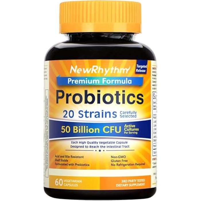 NewRhythm Probiotics 50 Billion CFU 20 Strains, 60 Veggie Capsules, Targeted Release Technology, Stomach Acid Resistant, No Need for Refrigeration, Non-GMO, Gluten Free - Image 1