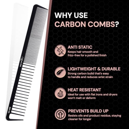 IKONIC Carbon Comb CC-008 Black – Ionic Coating for Static-Free Styling, Dual Teeth for both Thick and Thin Hair Type with Hair Picker for Precision Sectioning - Image 2