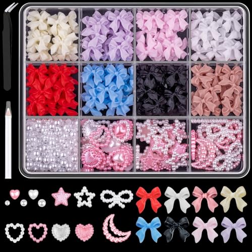 Xfopz 350 Pcs 3D Nail Charms and Flatback Pearls Set, 8 Colors Nail Bows Charm, Star Heart Moon Cute Nail Jewels, 2-4mm Nail Pearls for Nail Art DIY Decoration with Pickup Tools, Multicolor - Image 1