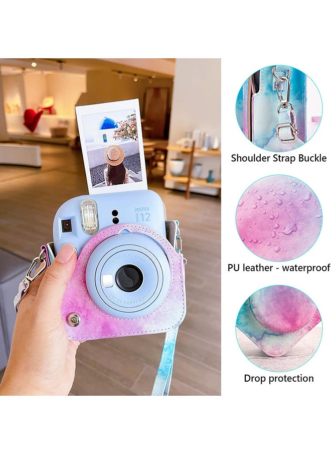 O Ozone PU Leather Camera Case for Fujifilm Instax Mini 12 Instant Camera | Protective Camera Cover with Adjustable Shoulder Strap - Blue pink painting  - Image 3
