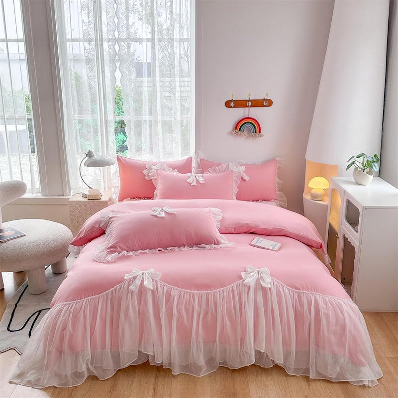 SOUKECHY Girls Lace Bedding,Twin Comforter Cover Set, Chic Ruffled Duvet Cover with Lovely Bow,Princess Style 1 Duvet Cover with 1 Pillowcases, No Comforter-Bright Pink,Twin Size - Image 1