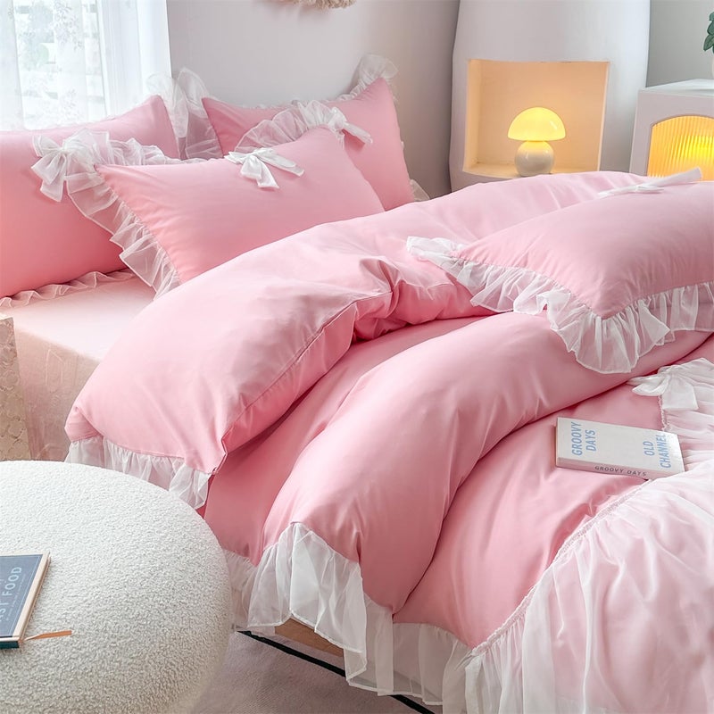 SOUKECHY Girls Lace Bedding,Twin Comforter Cover Set, Chic Ruffled Duvet Cover with Lovely Bow,Princess Style 1 Duvet Cover with 1 Pillowcases, No Comforter-Bright Pink,Twin Size - Image 5