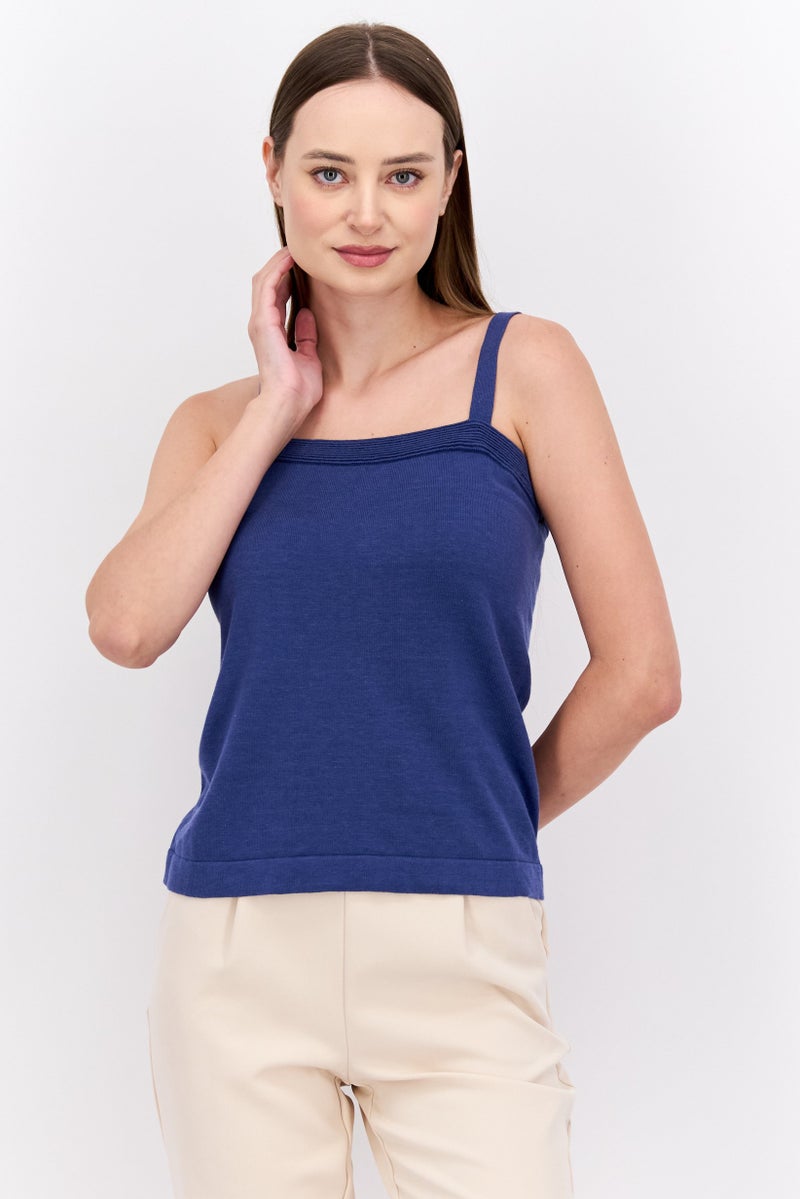 ANNE KLEIN بلوزة نسائية بدون أكمام ذات ياقة مربعة، كحلي - Image 1