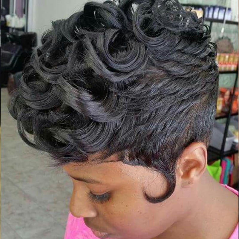 Pixie Cut Wig Natural Black Short Wigs for Black Women Short Wavy Hair Pixie Wigs with Bang Synthetic Finger Curly Hair Pixie Wig black