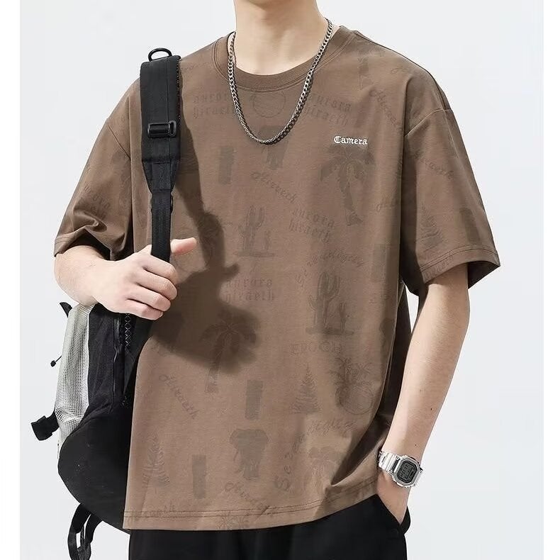 Men's Round Neck Short Sleeve T-Shirt Summer 2026 New Trendy All-match Ice Silk Quick-dry Printed Loose Casual Tee
