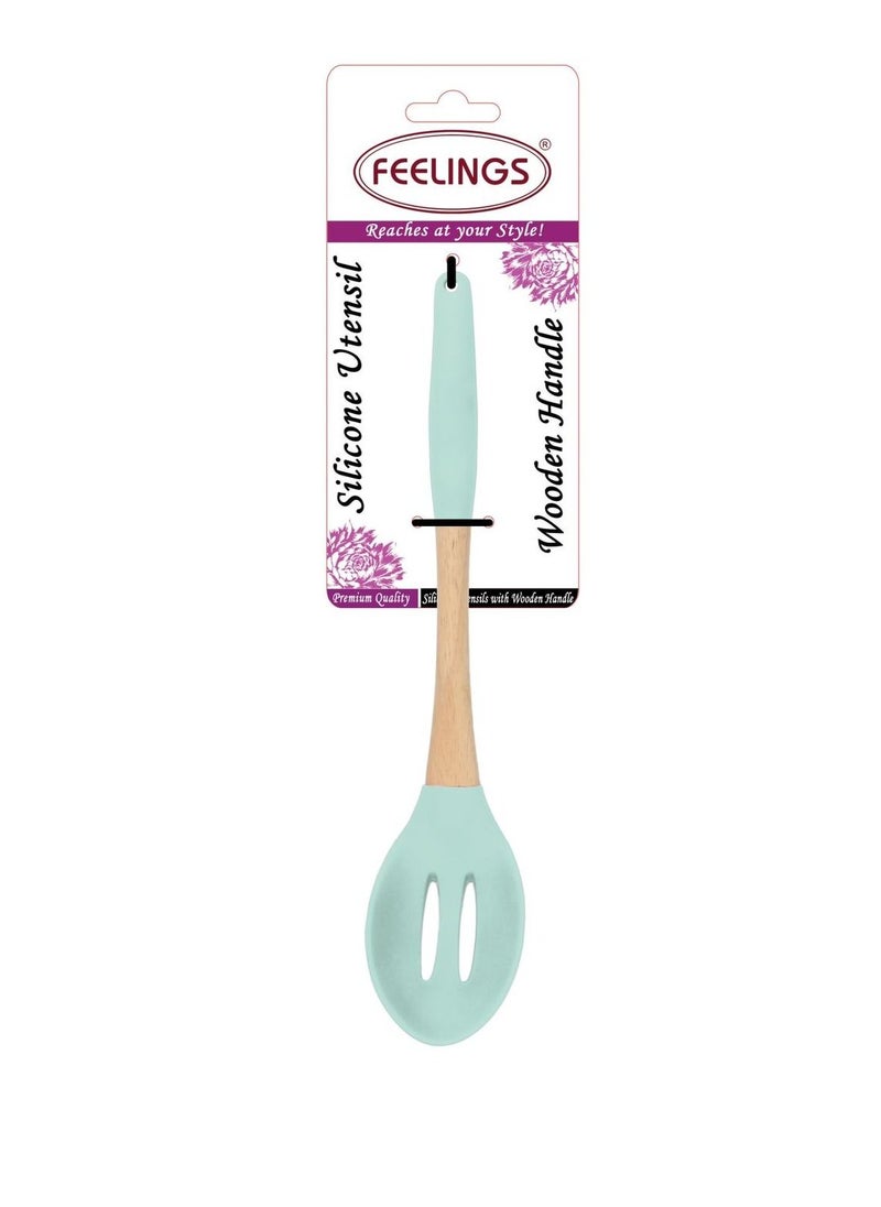Feelings Silicone Slotted Spoon With Rubber Wood Handle Green Color 32.5cm 