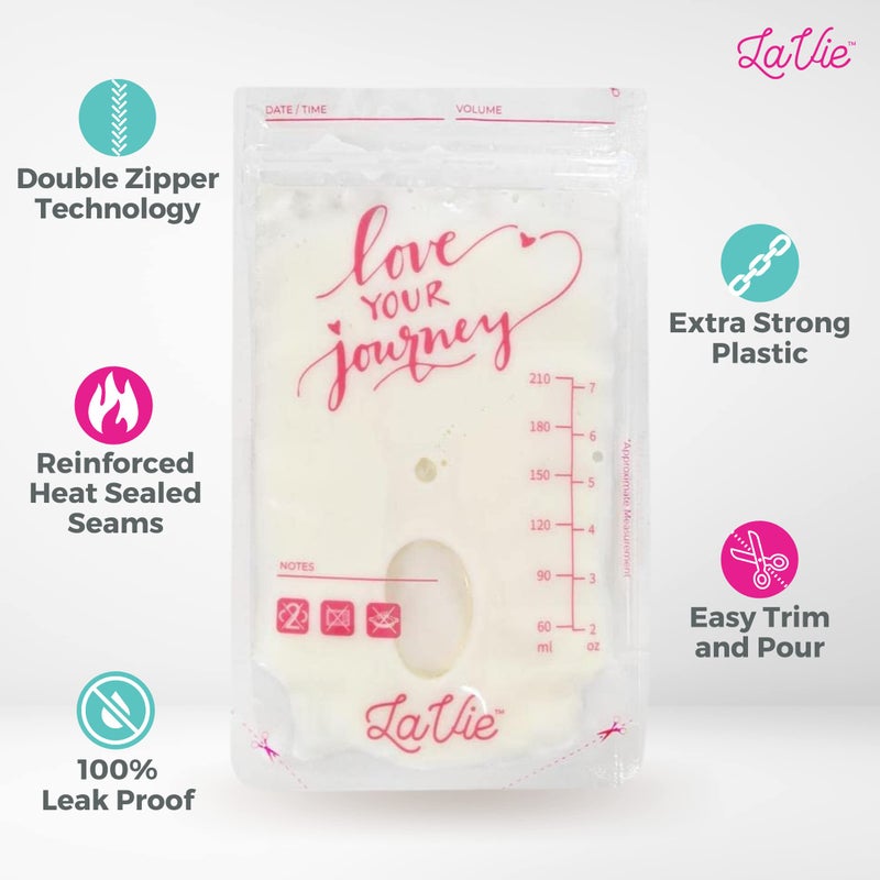 LaVie Breast Milk Storage Bags, 50 Count, 7 Ounce, Pre-Sterilized Breast Milk Containers, Leak-Proof, Space Saving, Self Standing for Refrigerating or Freezing Breast Milk (Pink) - Image 2