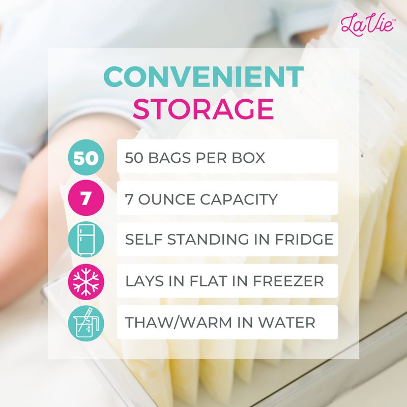 LaVie Breast Milk Storage Bags, 50 Count, 7 Ounce, Pre-Sterilized Breast Milk Containers, Leak-Proof, Space Saving, Self Standing for Refrigerating or Freezing Breast Milk (Pink) - Image 5