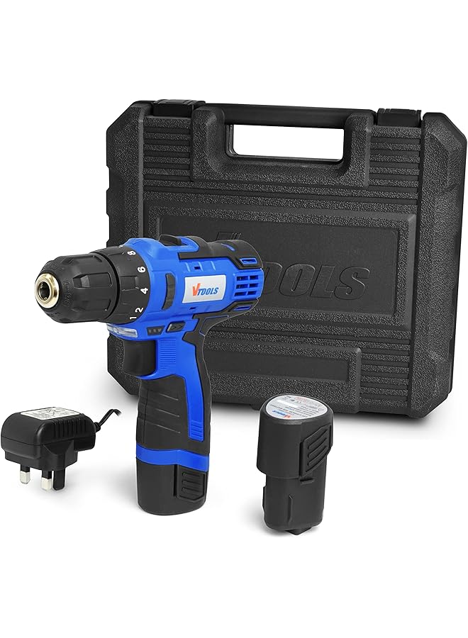 VTOOLS 12V Cordless Drill Driver With 1.5 Ah Lithium Ion Battery 1 Charger And 2 Battery 2 Variable Speed 10Mm Chuck Built In Led Light Carrying Case Blue Vt1202 Bmc - Image 2