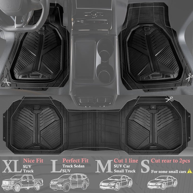CAR PASS Heavy Duty Rubber Car Mats, Deep-Dish Odorless Car Floor Mats All Weather, Universal Trim-to-Fit for SUVs Trucks Sedans, Waterproof Anti-Slip, 3 Pieces V12 Black - Image 2
