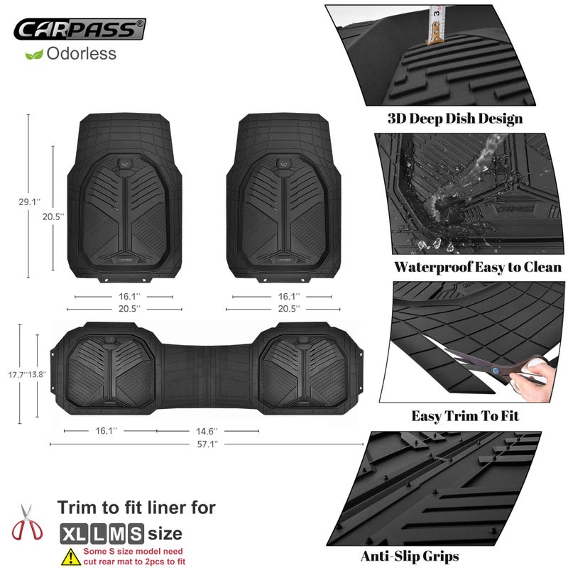 CAR PASS Heavy Duty Rubber Car Mats, Deep-Dish Odorless Car Floor Mats All Weather, Universal Trim-to-Fit for SUVs Trucks Sedans, Waterproof Anti-Slip, 3 Pieces V12 Black - Image 4