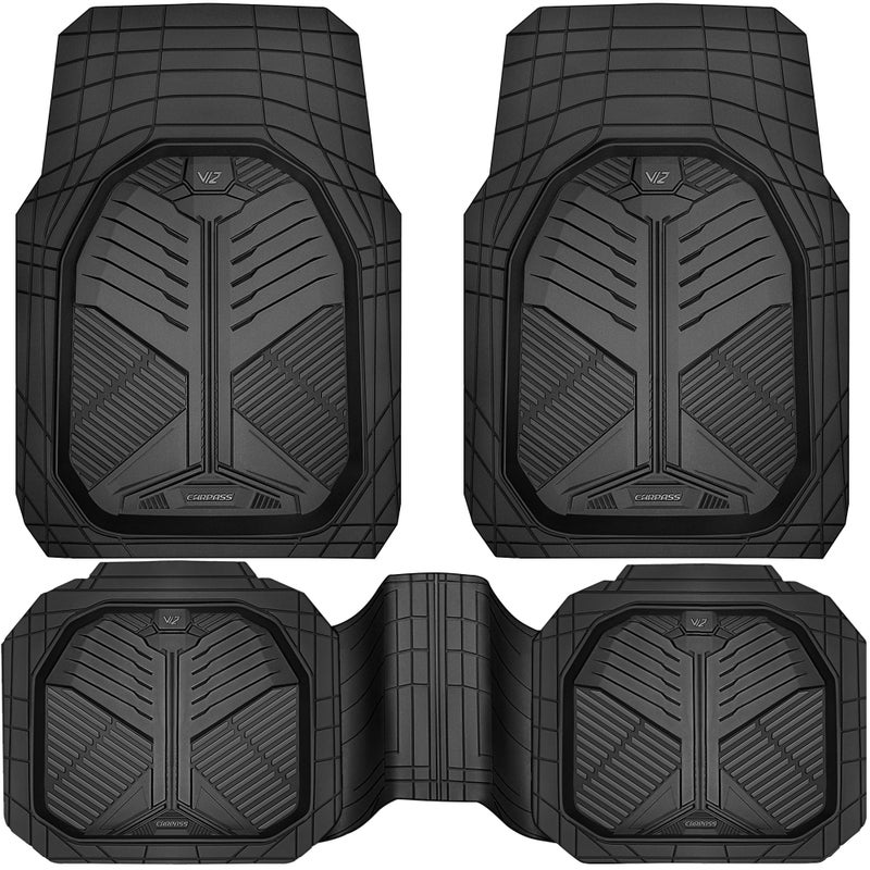 CAR PASS Heavy Duty Rubber Car Mats, Deep-Dish Odorless Car Floor Mats All Weather, Universal Trim-to-Fit for SUVs Trucks Sedans, Waterproof Anti-Slip, 3 Pieces V12 Black - Image 1