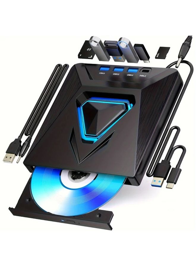 محرك أقراص DVD CD خارجي USB 3.0 من النوع C محمول للنسخ مع قارئ بطاقات باللون الأسود A - Image 3