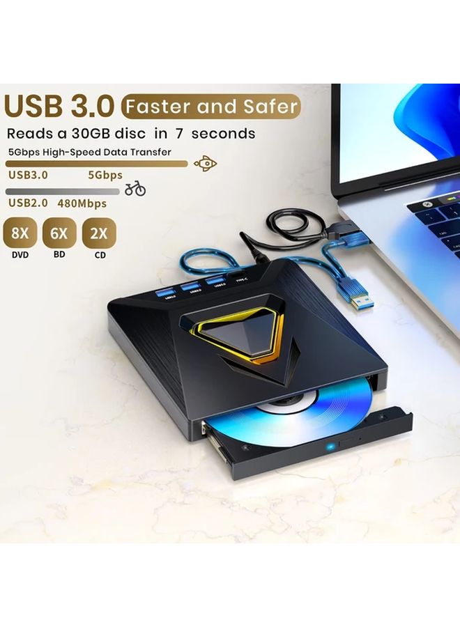 محرك أقراص DVD CD خارجي USB 3.0 من النوع C محمول للنسخ مع قارئ بطاقات باللون الأسود A - Image 1