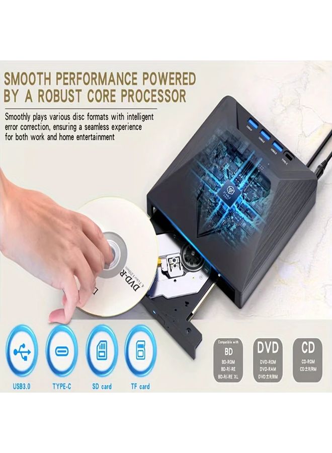 محرك أقراص DVD CD خارجي USB 3.0 من النوع C محمول للنسخ مع قارئ بطاقات باللون الأسود A - Image 5