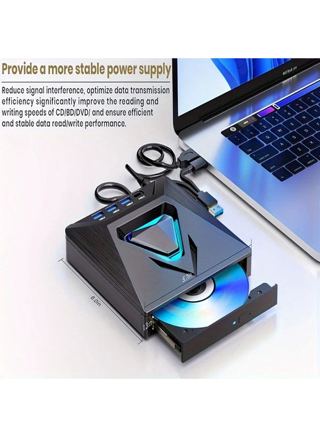 محرك أقراص DVD CD خارجي USB 3.0 من النوع C محمول للنسخ مع قارئ بطاقات باللون الأسود A - Image 2