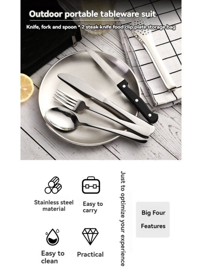 M MIAOYAN Outdoor travel stainless steel cutlery camping picnic barbecue plate clip steak knife fork spoon set portable storage bag  - Image 4