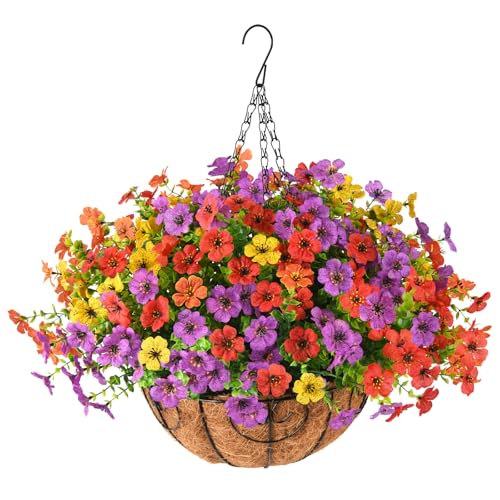 ZFProcess Artificial Faux Hanging Plants Flowers Basket for Spring Summer Outdoor Decoration, Fake Silk Daisy in Planter Realistic UV Resistant Look Real for Porch Home Patio Balcony Yard(Multicolor) - Image 1