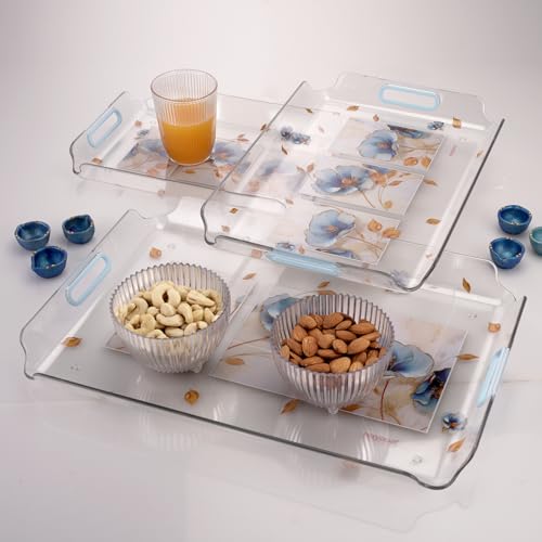 Nayasa Modern Plastic Serving Tray Set of 3, Small, Medium & Large | Durable Multipurpose Kitchen Tray for Tea, Coffee, Snacks, Fruits & Desserts | Transparent Blue - Image 1