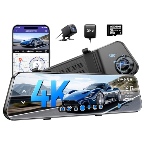 AZDOME كاميرا مرآة AZDOME PG17 12" 4K أمامية وخلفية، كاميرا مرآة خلفية Wi-Fi 6 مع بطاقة 64GB، كاميرا داش للتحكم الصوتي للسيارة، كاميرا مرآة خلفية مع نظام GPS ورؤية ليلية ومساعدة في ركن السيارة - Image 1