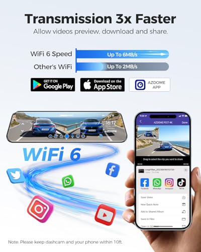 AZDOME كاميرا مرآة AZDOME PG17 12" 4K أمامية وخلفية، كاميرا مرآة خلفية Wi-Fi 6 مع بطاقة 64GB، كاميرا داش للتحكم الصوتي للسيارة، كاميرا مرآة خلفية مع نظام GPS ورؤية ليلية ومساعدة في ركن السيارة - Image 4