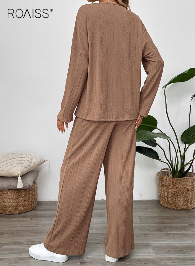 رويس طقم نسائي كاجوال، طقم من قطعتين من بنطال واسع الساق بأكمام طويلة بلون واحد، بلوفر مريح من البوليستر والسباندكس، طقم ملابس منزلية ورياضية، بني قهوة - Image 3